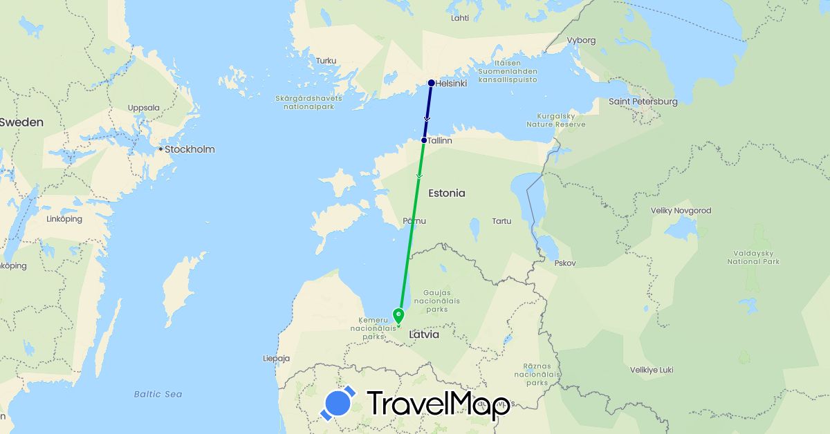 TravelMap itinerary: driving, bus in Estonia, Finland, Latvia (Europe)